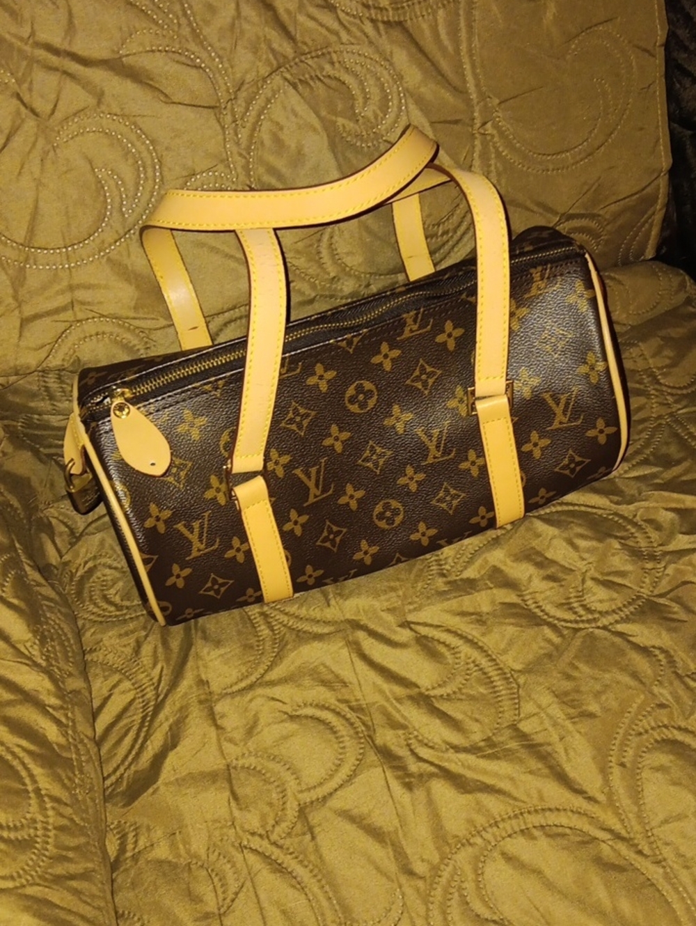 Faux designer Brown Monogram barrel Bag with Natural Vachetta Handles